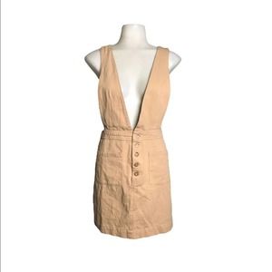 Ellison | Tan Button Down Overall Mini Dress Cross Back •